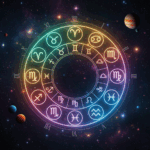 Colorful glowing zodiac wheel with astrological symbols set against a starry space background with planets.