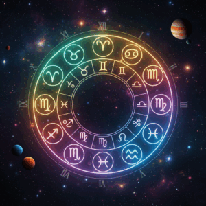 Colorful glowing zodiac wheel with astrological symbols set against a starry space background with planets.