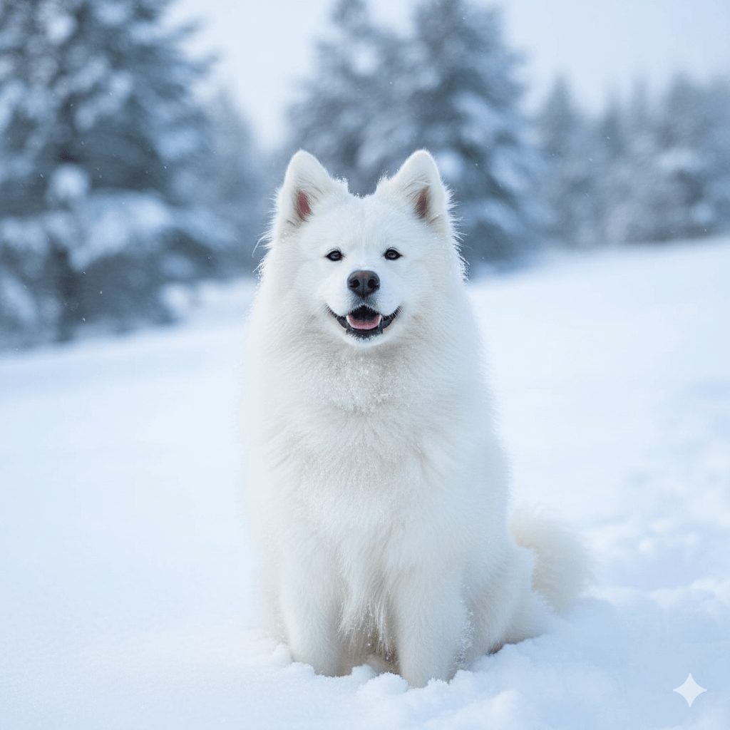 White Samoyed dog sitting in snow with snow-covered trees in the background