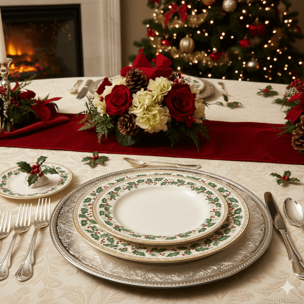 Christmas-themed table setting with holly-patterned plates, silver cutlery, red and white floral centerpiece, and decorated tree in background