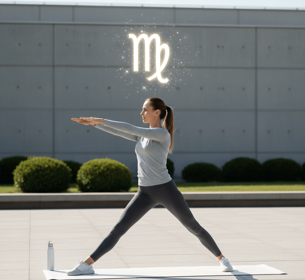 Woman in gray athletic wear doing yoga pose outdoors with glowing Virgo zodiac symbol above her head