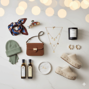 Brown leather handbag, layered gold necklaces, pearl hoop earrings, Byredo candle, cozy slippers, green knit hat and gloves, scarf, fish brooch, and olive oils.