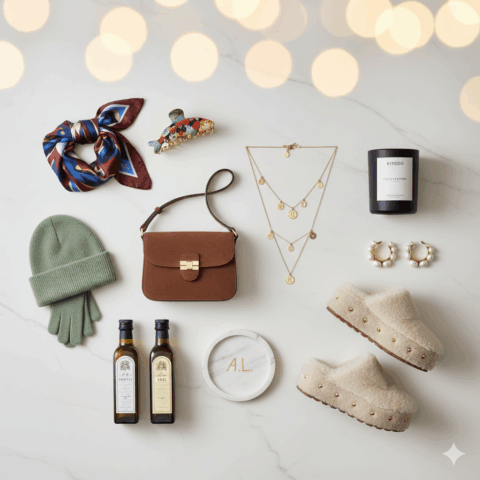 Brown leather handbag, layered gold necklaces, pearl hoop earrings, Byredo candle, cozy slippers, green knit hat and gloves, scarf, fish brooch, and olive oils.