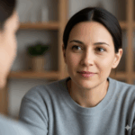Woman with dark hair and gray sweater attentively listening during a conversation indoors