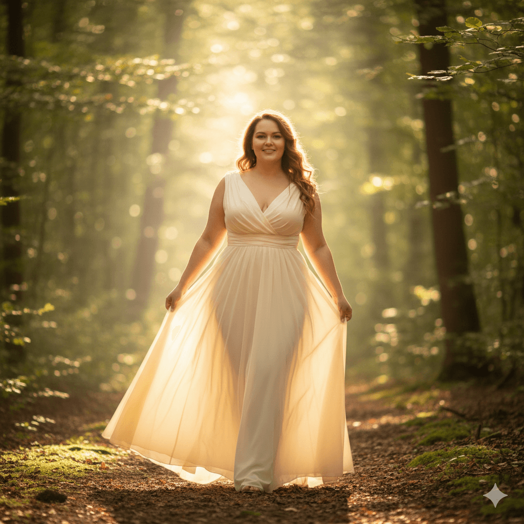 Woman in flowing white dress walking on sunlit forest path