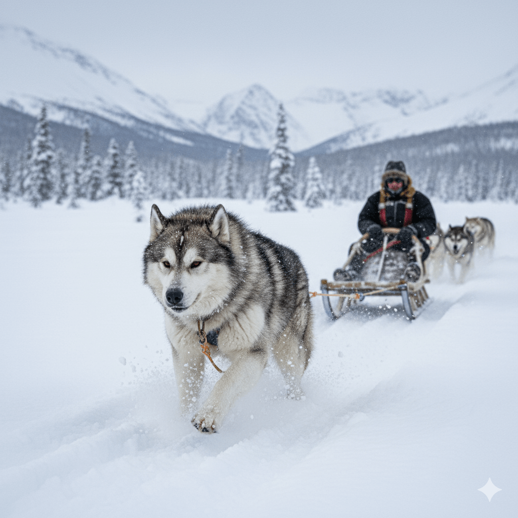 Husky leading a dog sled with a musher in winter mountains and snow-covered trees background