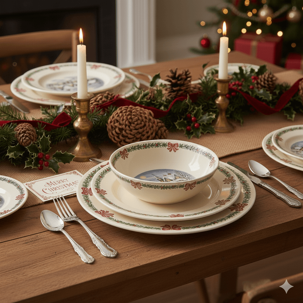 Christmas-themed dinnerware set with candles, pinecones, holly, and a "Merry Christmas" card on a wooden table.