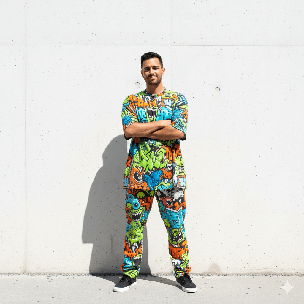 Man standing against white wall wearing colorful cartoon monster print outfit with black sneakers