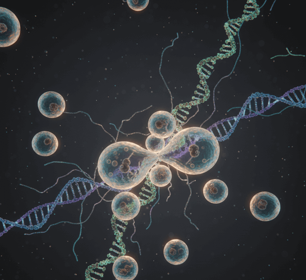 Dividing cells surrounded by DNA double helix strands in a microscopic biological environment.
