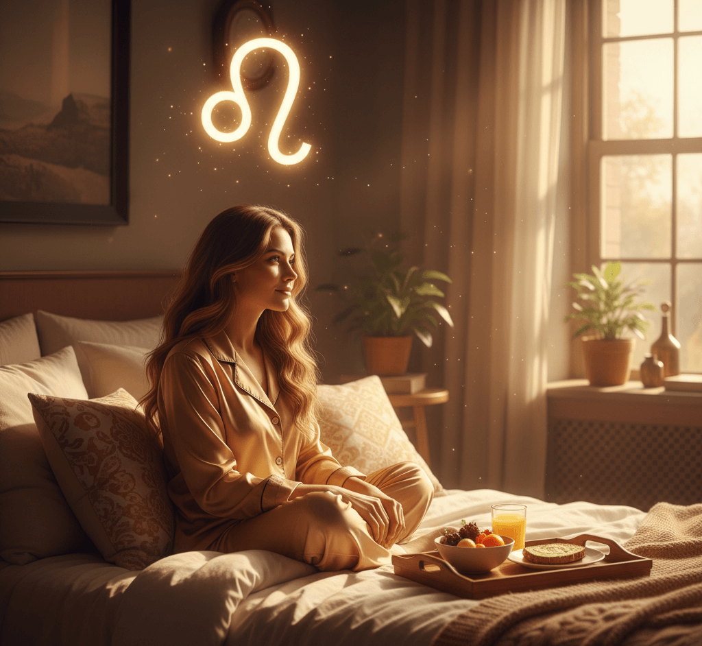 Woman in golden pajamas sitting on bed with breakfast tray and glowing Leo zodiac symbol above her head