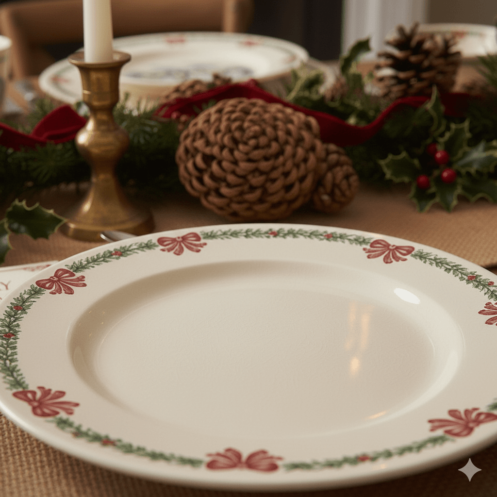 Empty Christmas-themed plate with red bows and green garland pattern on a holiday table setting with pinecones and candle.