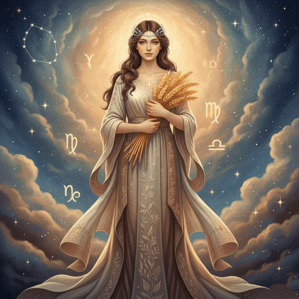 Woman in flowing gown holding wheat sheaves surrounded by zodiac symbols and a glowing celestial background