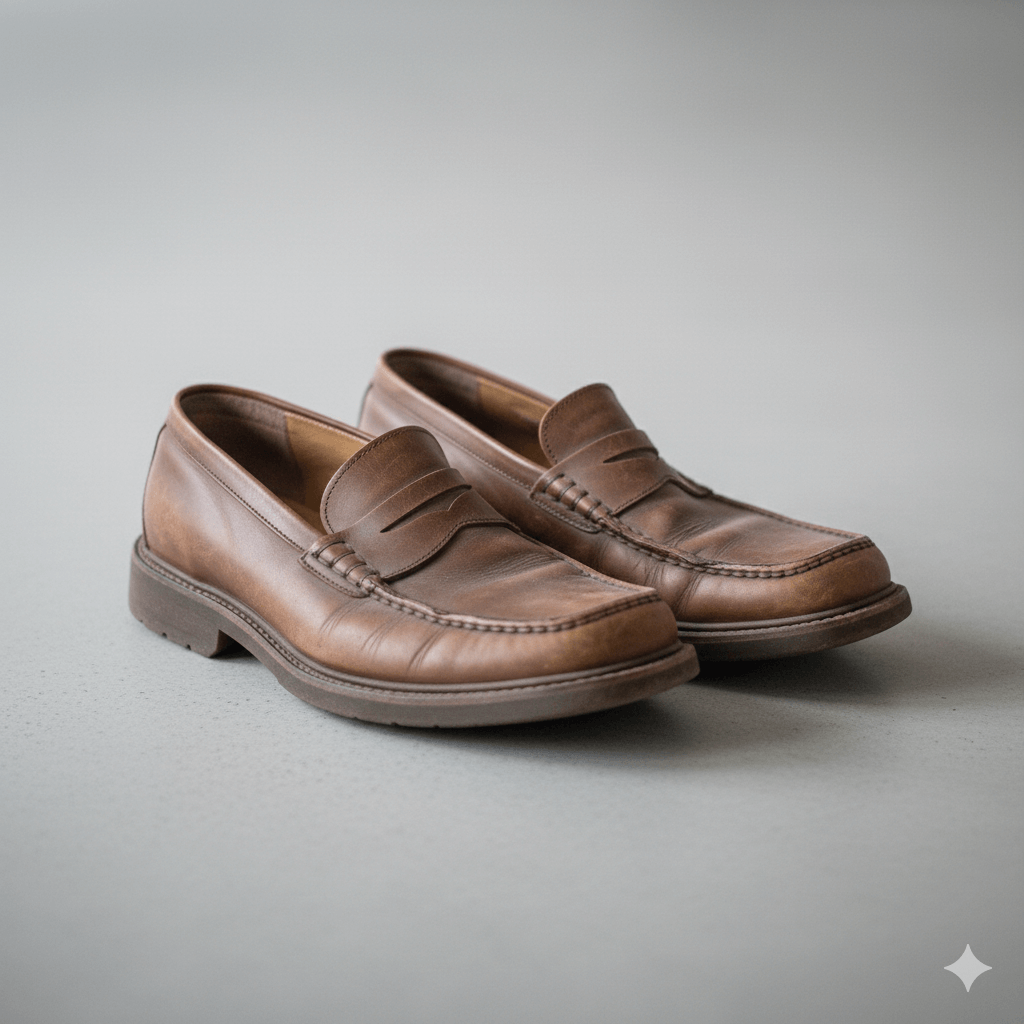 Pair of brown leather penny loafers on a gray surface