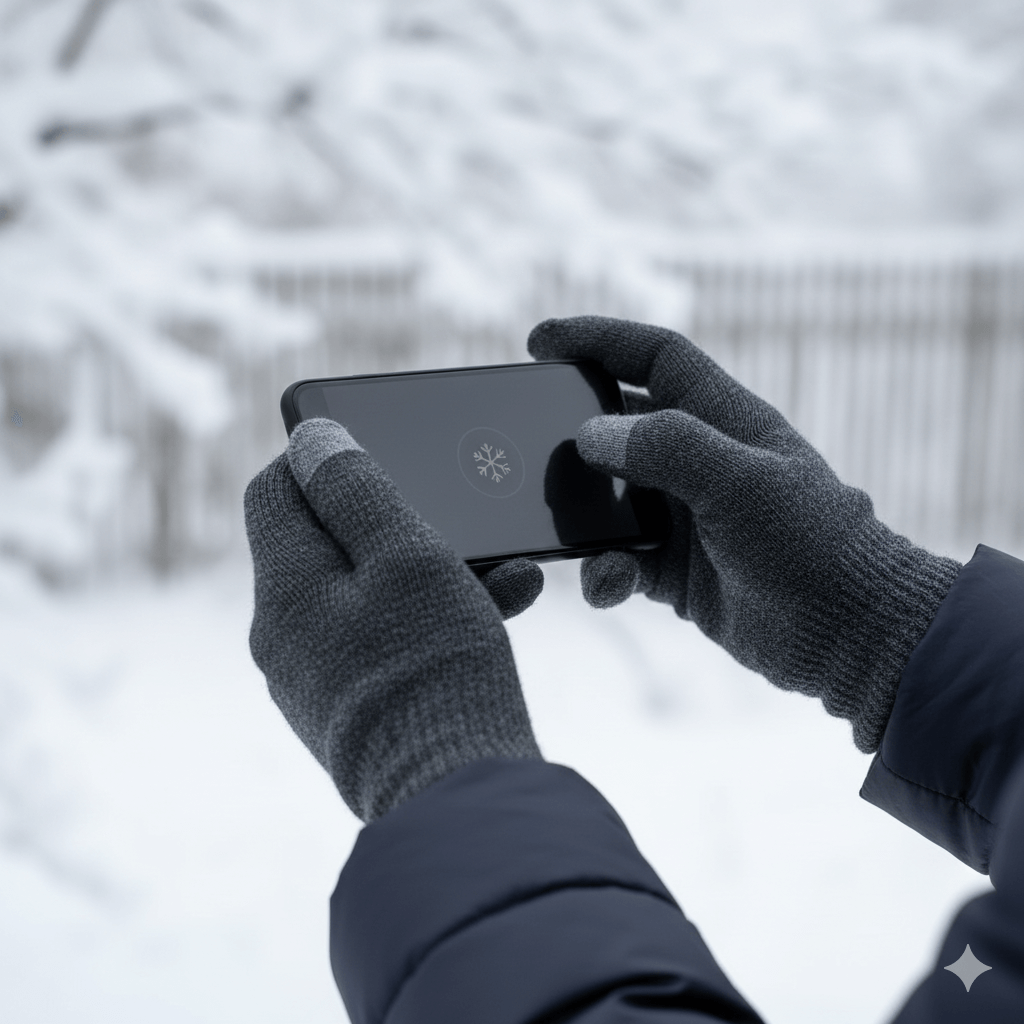 Hands in gray touchscreen gloves holding a smartphone with a snowflake icon on the screen in a snowy outdoor setting