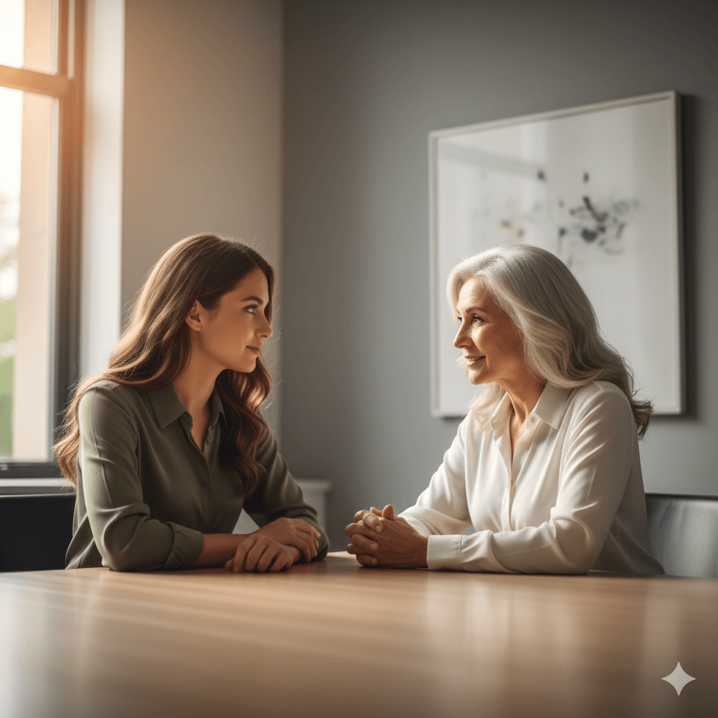 Two women, one younger and one older, engaged in a conversation across a wooden table in a softly lit room.