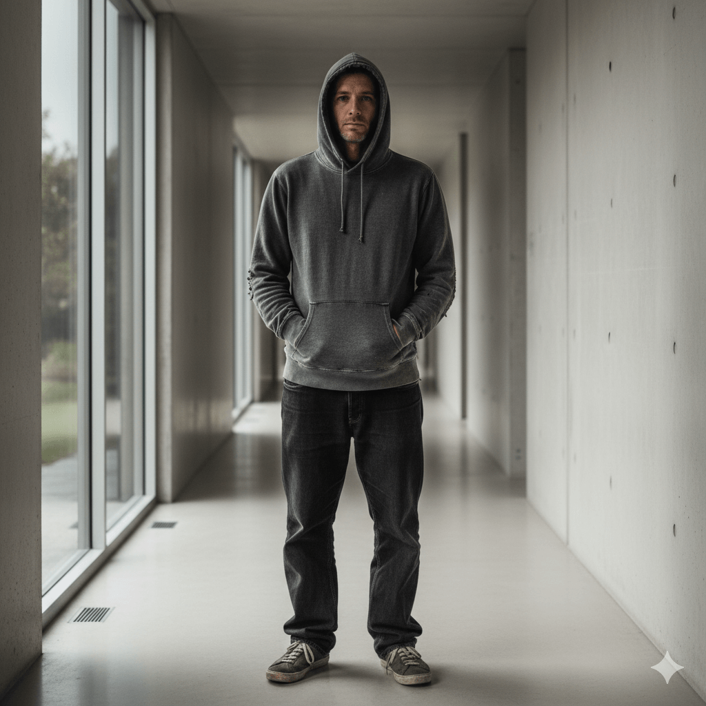 Man wearing a gray hoodie and black jeans standing in a modern hallway with large windows.