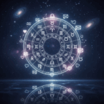 Glowing zodiac wheel with astrological symbols, hearts, and envelope icons against a starry cosmic background.