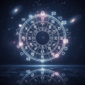 Glowing zodiac wheel with astrological symbols, hearts, and envelope icons against a starry cosmic background.