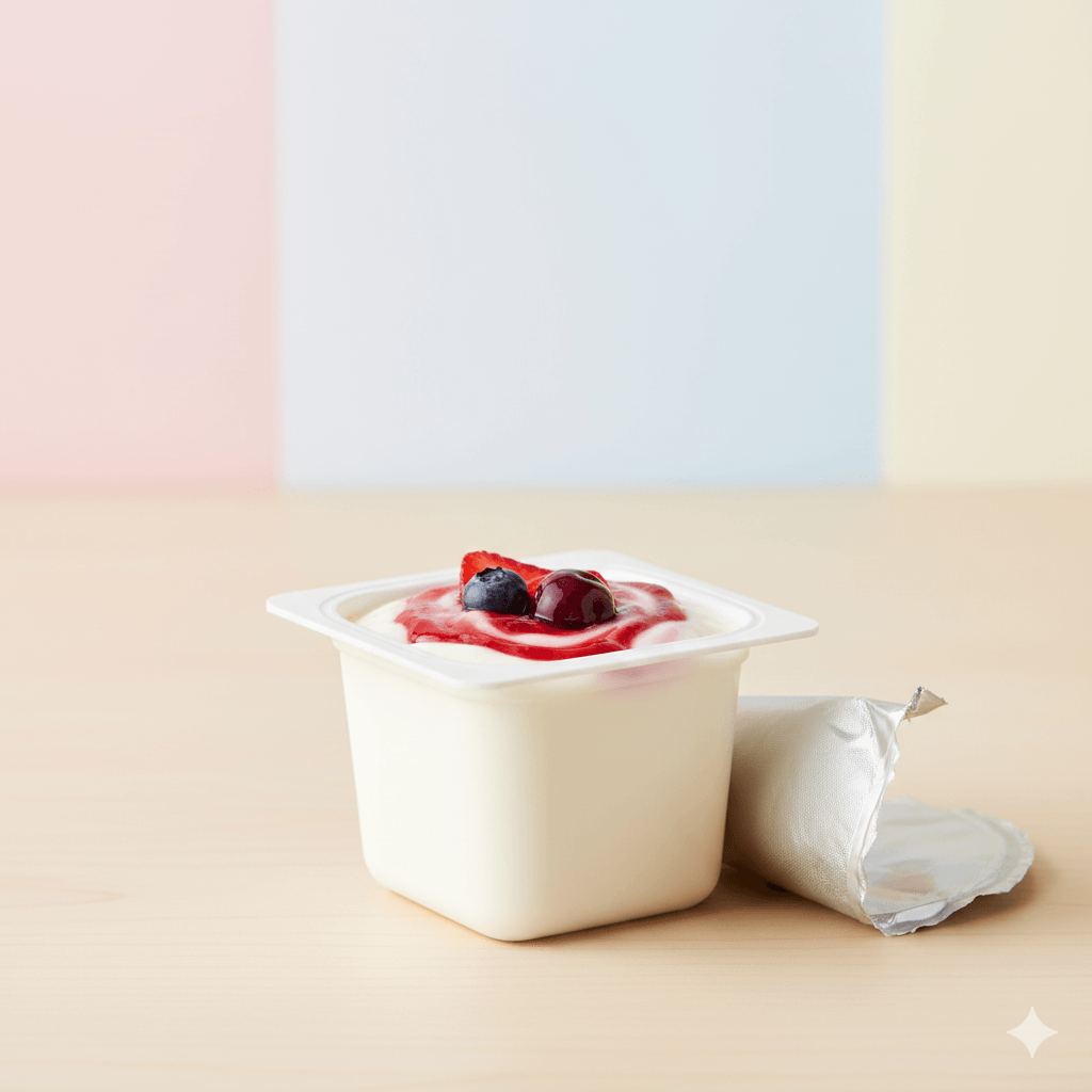 Cup of yogurt topped with strawberry, blueberry, and cherry with peeled foil lid on wooden surface