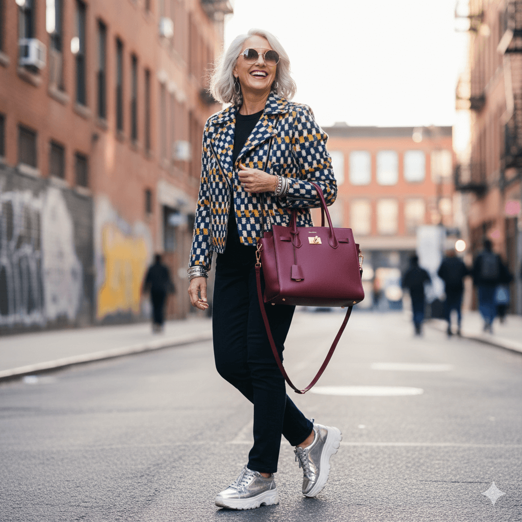 Stylish older woman in patterned jacket and silver sneakers walking on city street carrying a burgundy handbag.