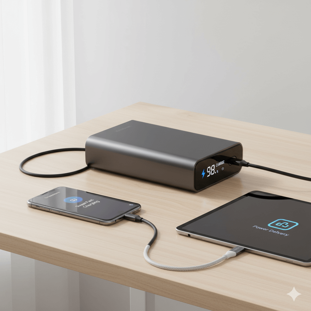 Anker PowerCore portable charger displaying 98% charge, connected to a smartphone and tablet on a wooden desk.