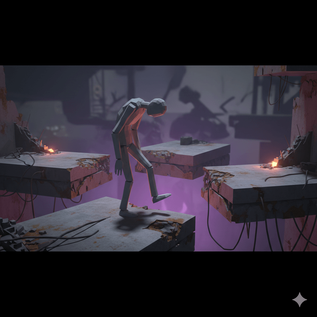 Low-poly humanoid figure stepping cautiously across broken concrete platforms over a glowing purple abyss.