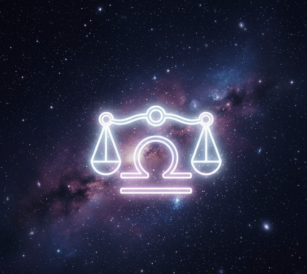 Glowing Libra zodiac symbol with scales against a starry galaxy background