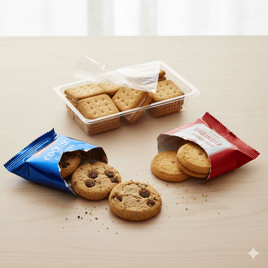 Chocolate chip cookies in a blue package, sandwich cookies in a red package, and square cream-filled crackers in a plastic tray