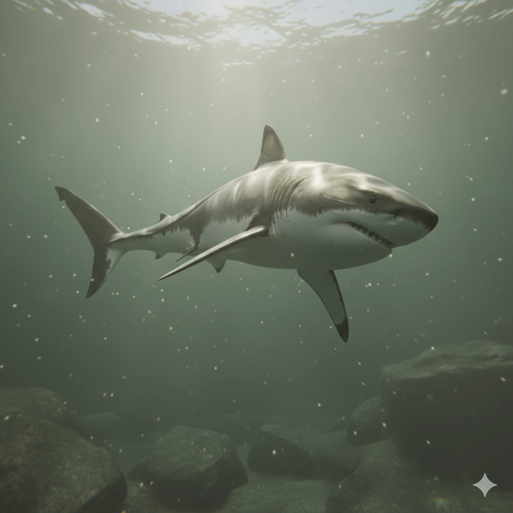 Great white shark swimming underwater above rocky seabed with light filtering from surface