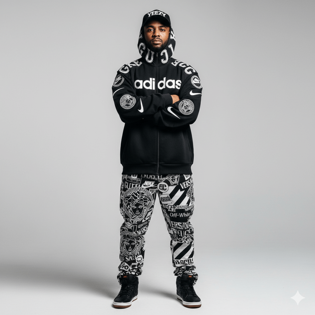 Man wearing black Adidas hoodie, Yeezy cap, and black-and-white patterned pants with various brand logos.