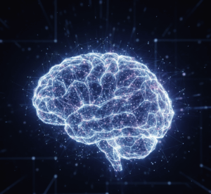 Digital illustration of a glowing neural network forming a human brain on a dark background