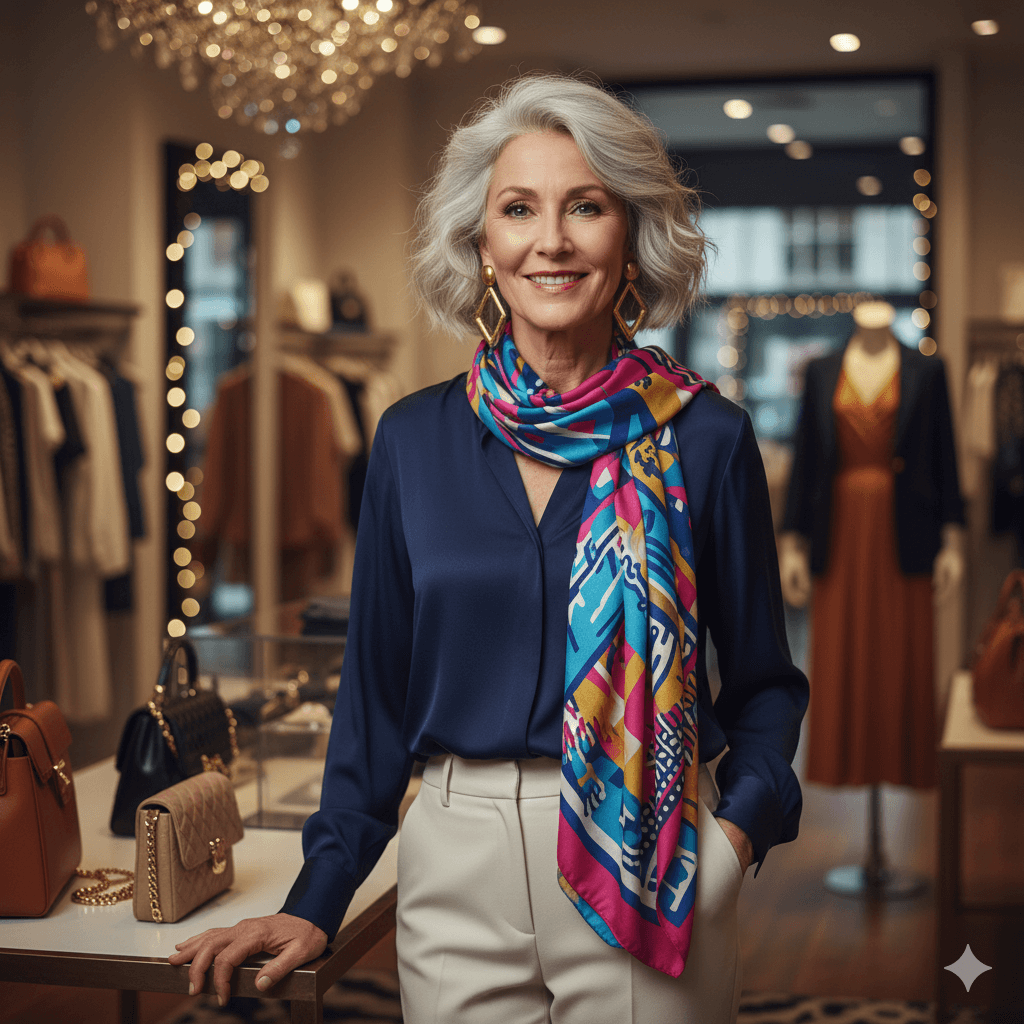Smiling mature woman with gray hair wearing a colorful scarf and navy blouse in a boutique clothing store.