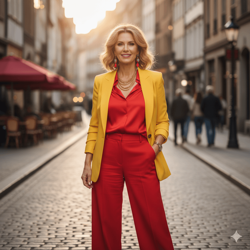 Confident woman in a yellow blazer and red outfit standing on a cobblestone street at sunset.