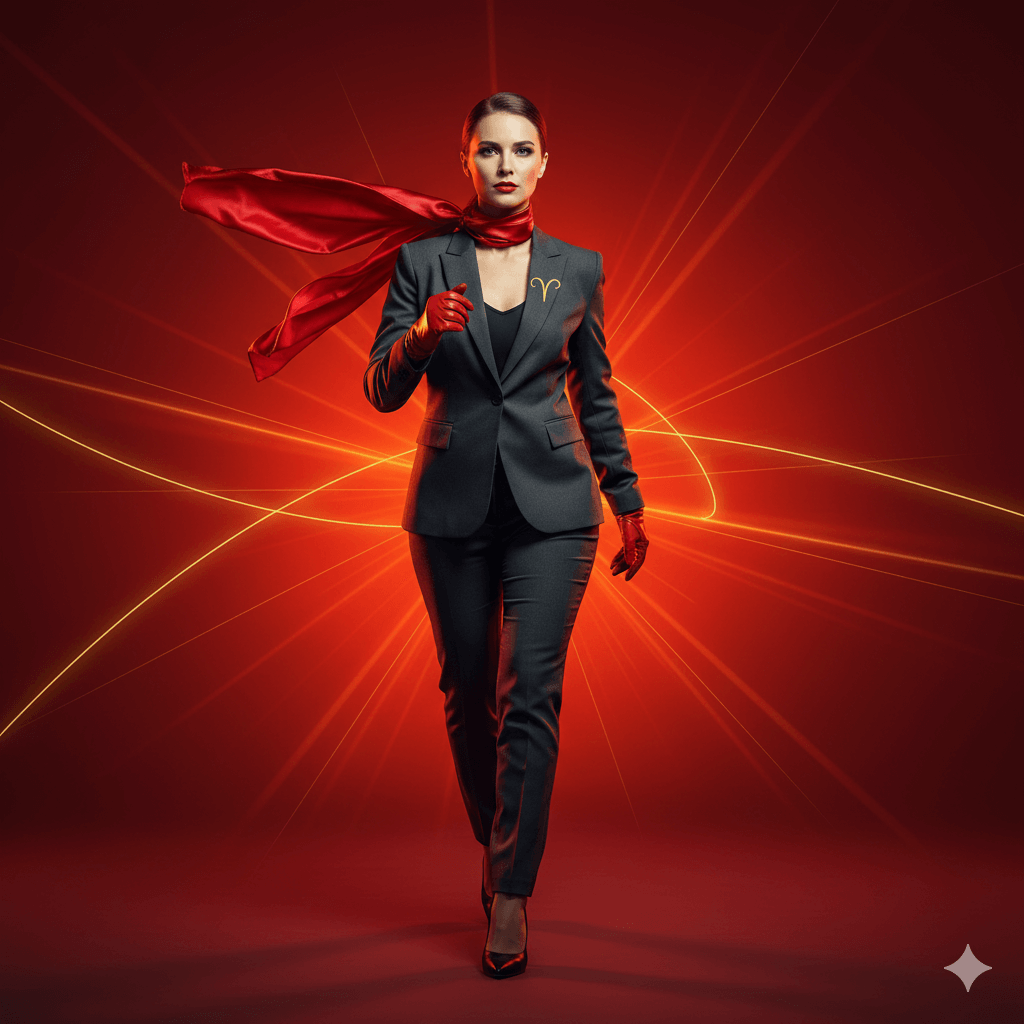 Woman in a dark suit with red gloves and scarf walking confidently against a glowing red and orange background