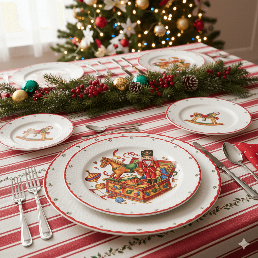 Christmas-themed table setting with plates featuring a nutcracker, rocking horse, and toys on a red-striped tablecloth.