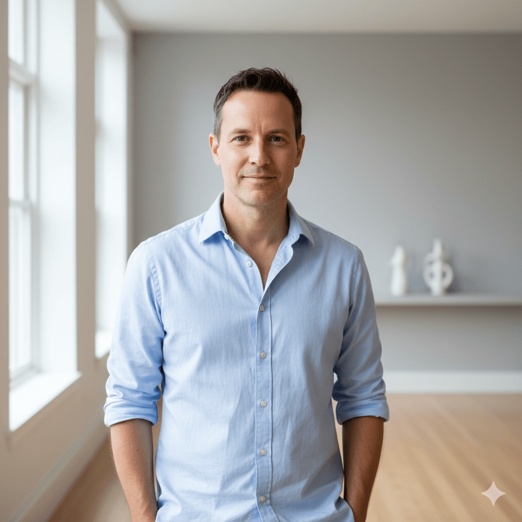 Man in light blue shirt standing in a bright room with large windows and minimal decor.