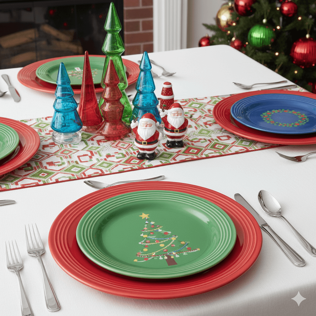 Christmas-themed table setting with green and red plates, glass Christmas tree decorations, and Santa figurines on a patterned runner.