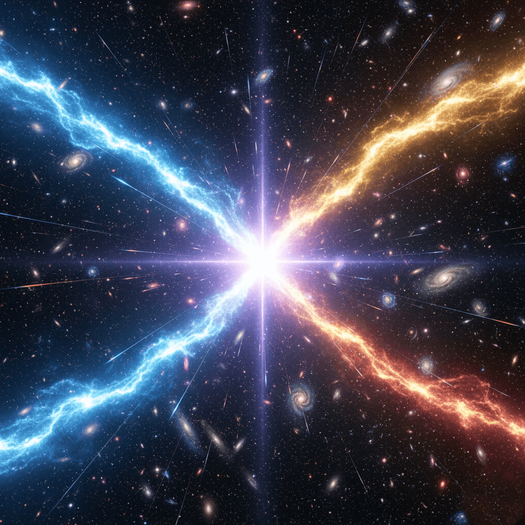 Bright cosmic explosion with blue and orange energy streams radiating amid distant galaxies and stars.