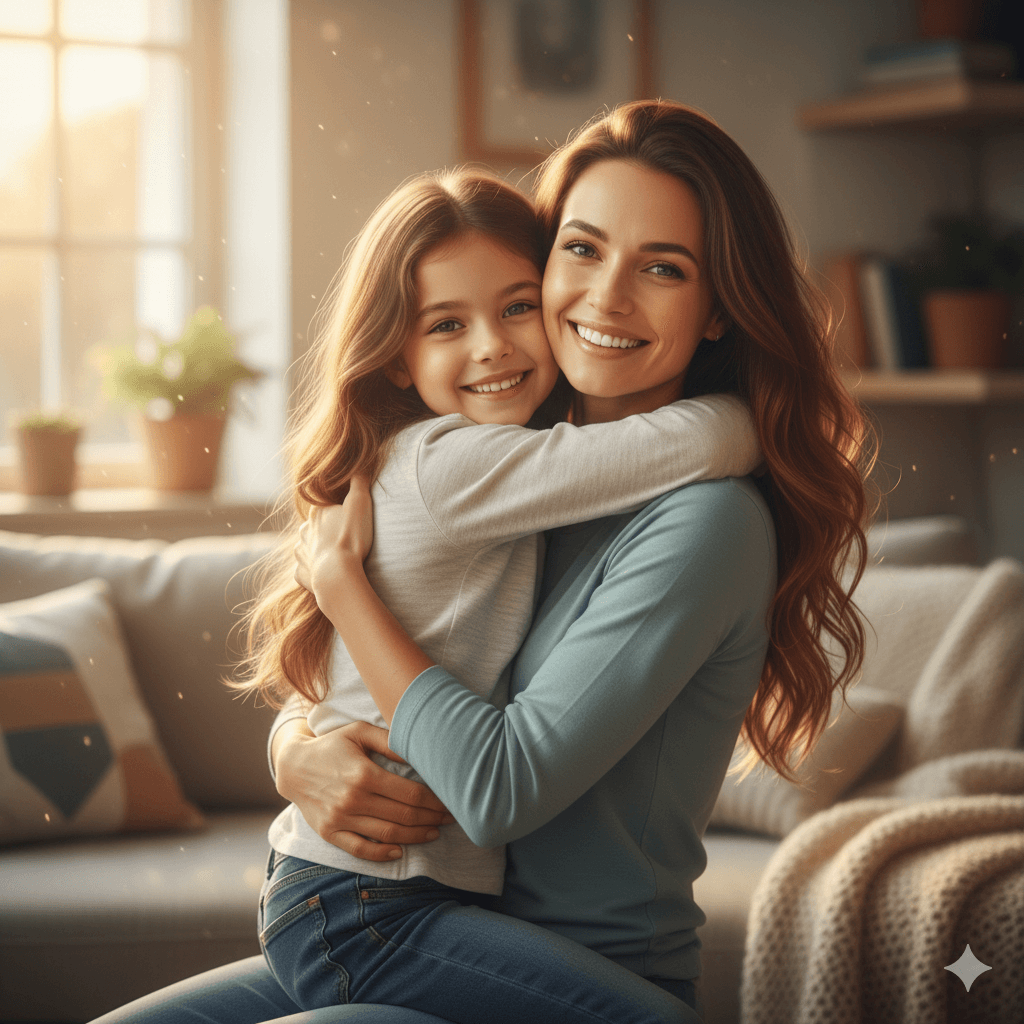 Smiling mother and daughter hugging in a cozy living room with warm sunlight and plants in the background.