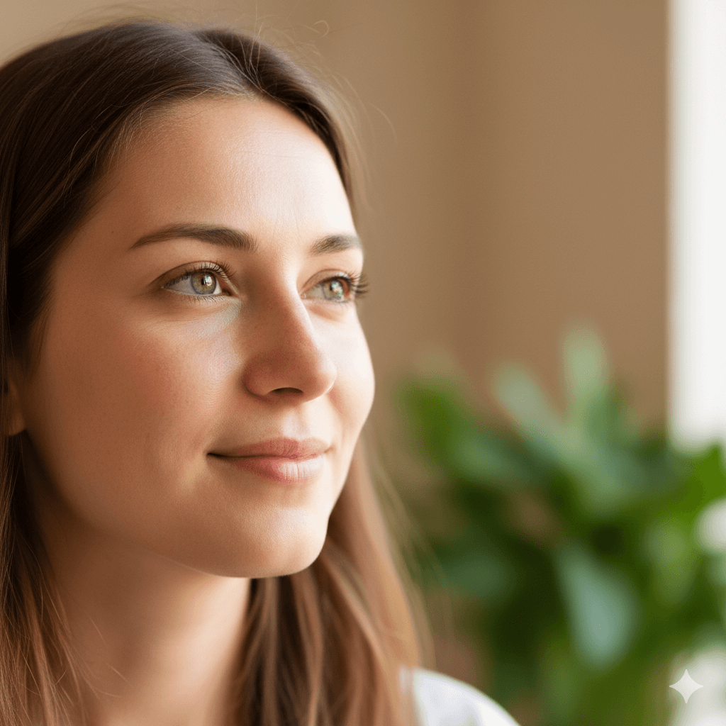 Young woman with light brown hair looking thoughtfully out a window with blurred green plant in background