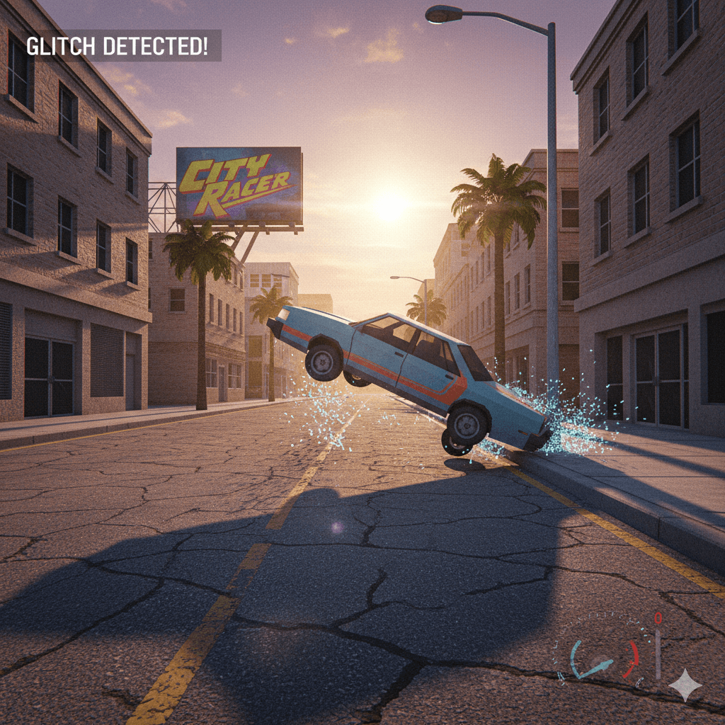 Blue car crashing into curb on cracked city street with "City Racer" billboard and palm trees at sunset