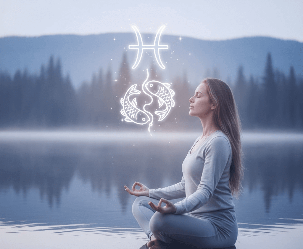 Woman meditating by a lake with glowing Pisces zodiac symbol above her in a misty forest setting.