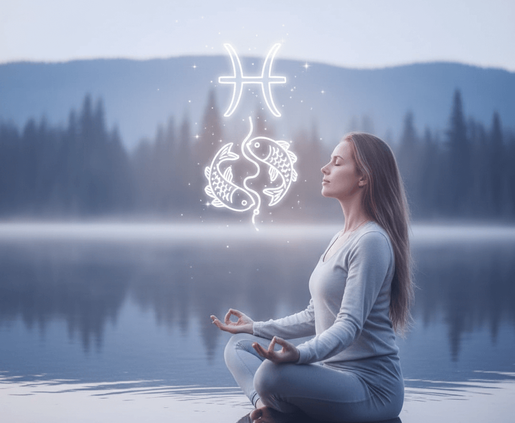Woman meditating by a lake with glowing Pisces zodiac symbol above her in a misty forest setting.