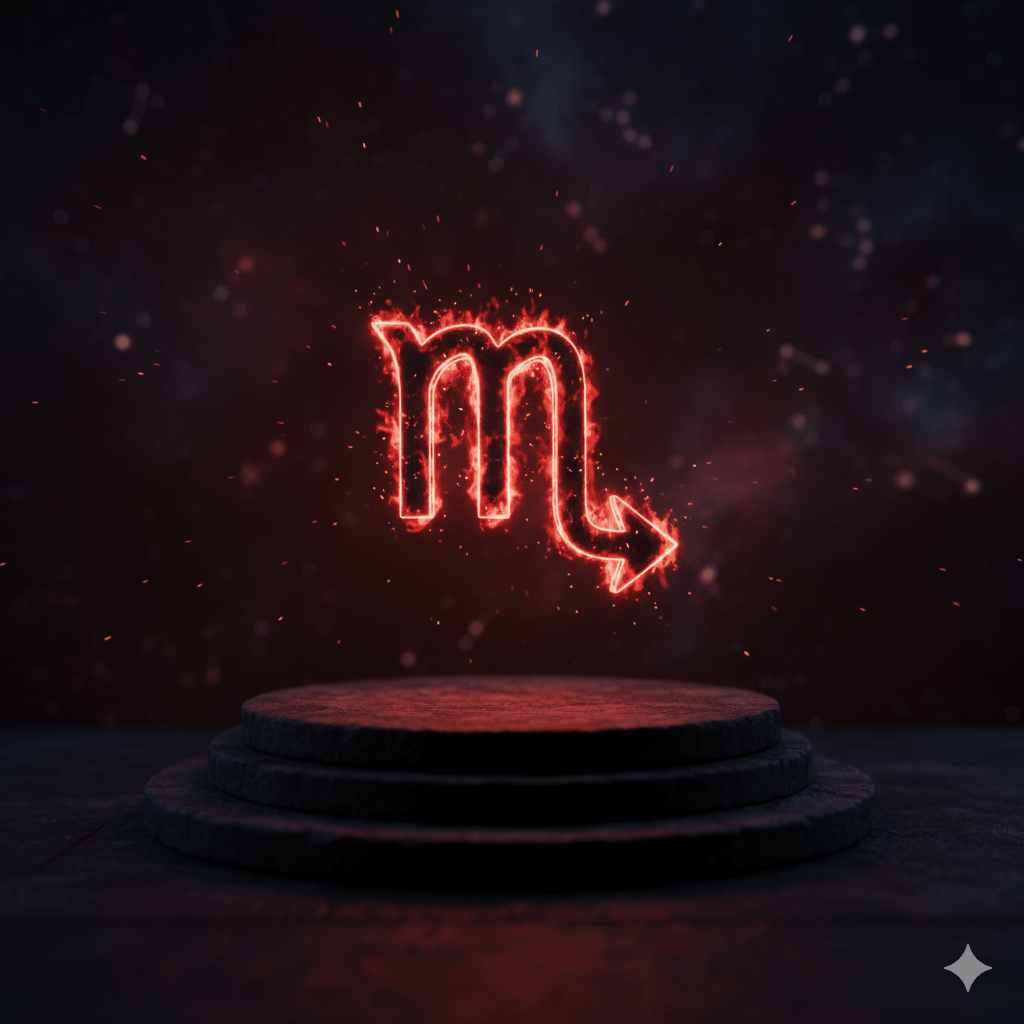 Glowing red Scorpio zodiac symbol above a dark three-step pedestal with sparks and smoke effects.