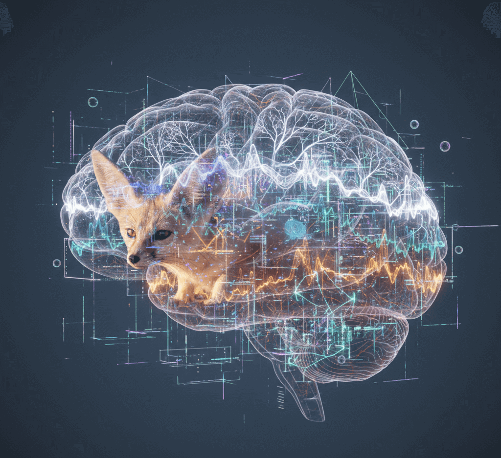 Transparent human brain illustration with a fennec fox inside and colorful neural activity lines