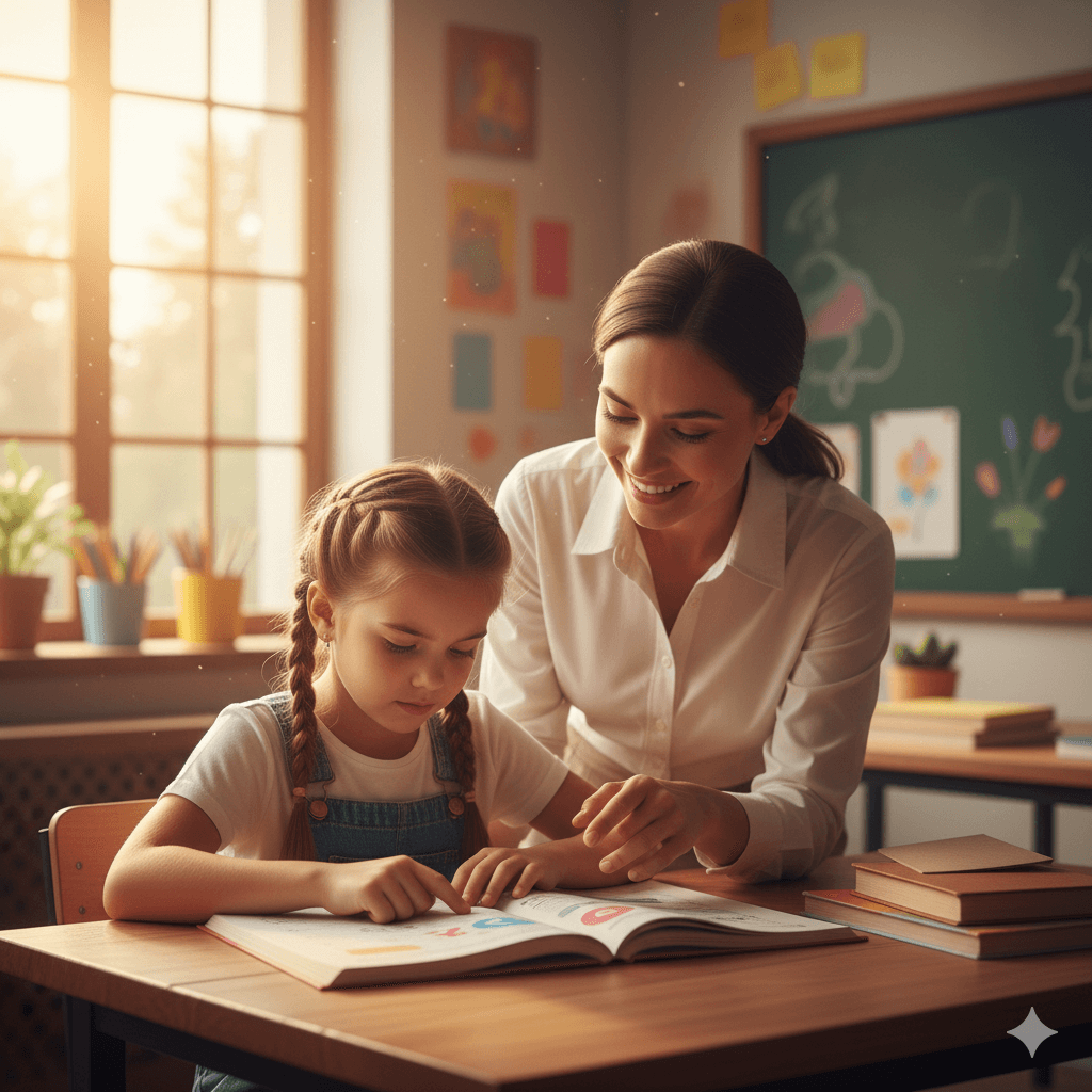 Teacher helping young girl read a book in a sunlit classroom with colorful drawings on the chalkboard.