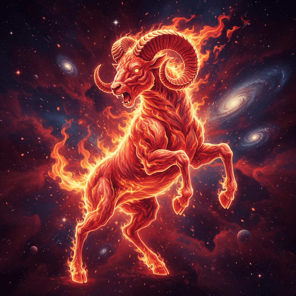 Fiery ram with glowing eyes and flames on its body rearing against a cosmic galaxy background.