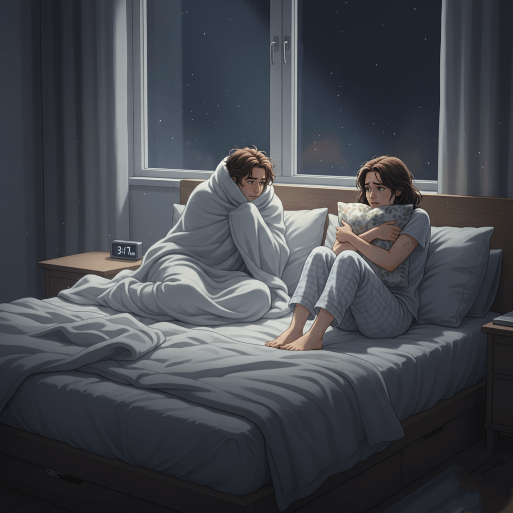 Two worried people sitting on a bed at night, one wrapped in a blanket and the other hugging a pillow, with a clock showing 3:17 AM.