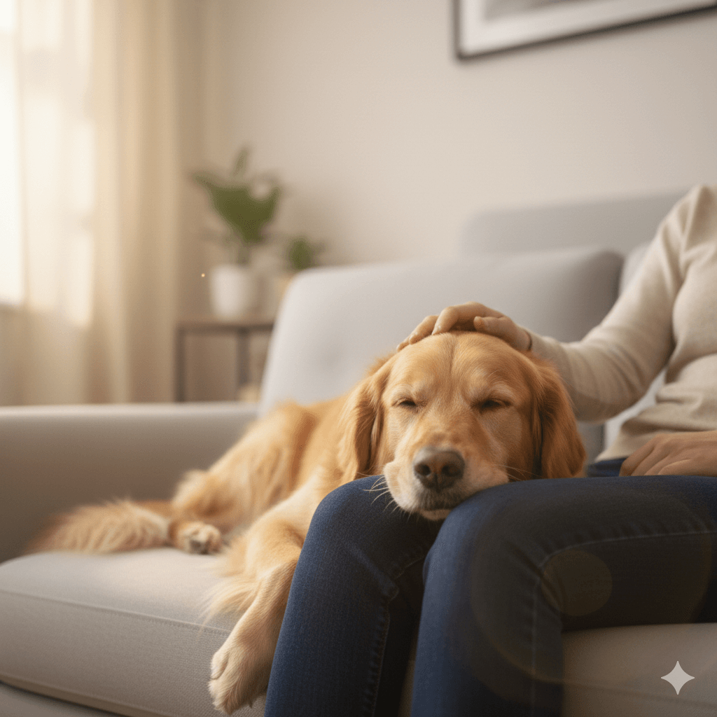 Golden retriever resting its head on a person's lap while being petted on a couch in a cozy living room.
