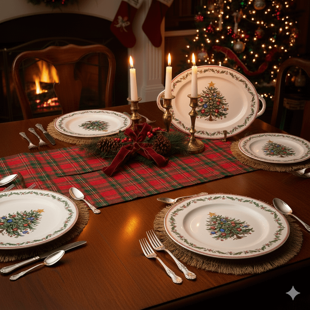 Christmas-themed dinner table setting with decorated plates, brass candlesticks, and a plaid table runner by a fireplace and tree.